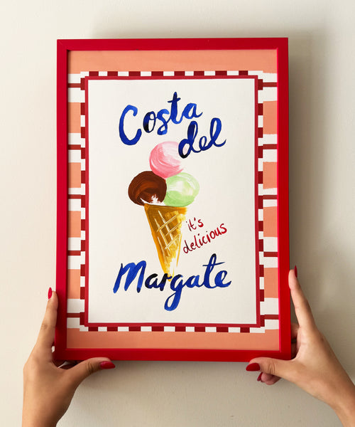 Costa del Margate print, ice cream illustration with seaside wording being held