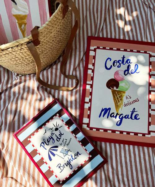 Costa del Margate print, ice cream illustration with seaside wording on stripe throw