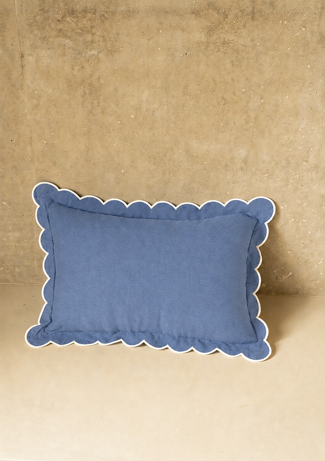 Scalloped Rectangular Linen Cushion in Powder Blue & White