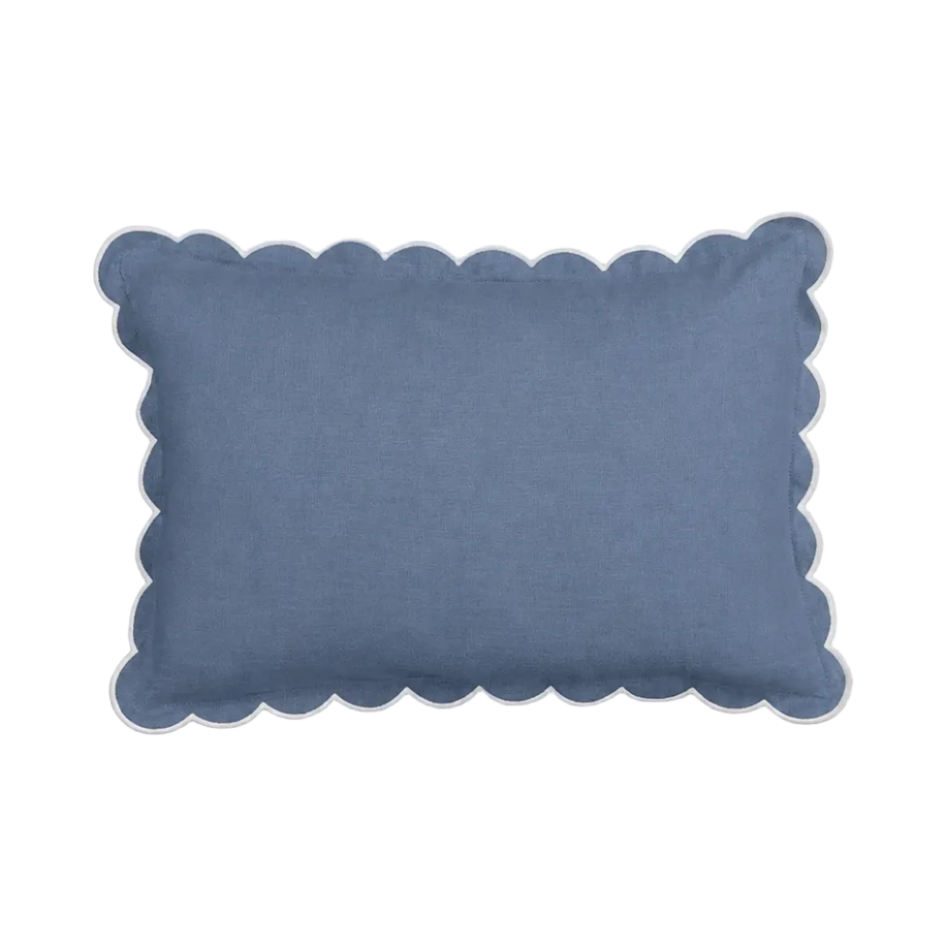 Scalloped Rectangular Linen Cushion in Powder Blue & White