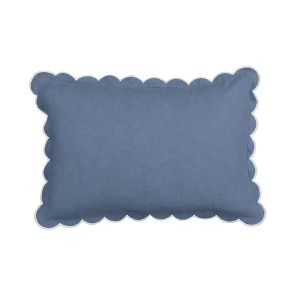 Scalloped Rectangular Linen Cushion in Powder Blue & White
