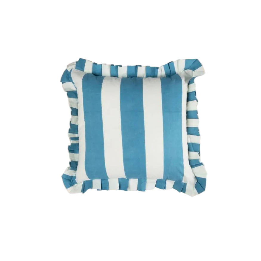 Blue and White Cabana Striped Ruffled Cushion Cover