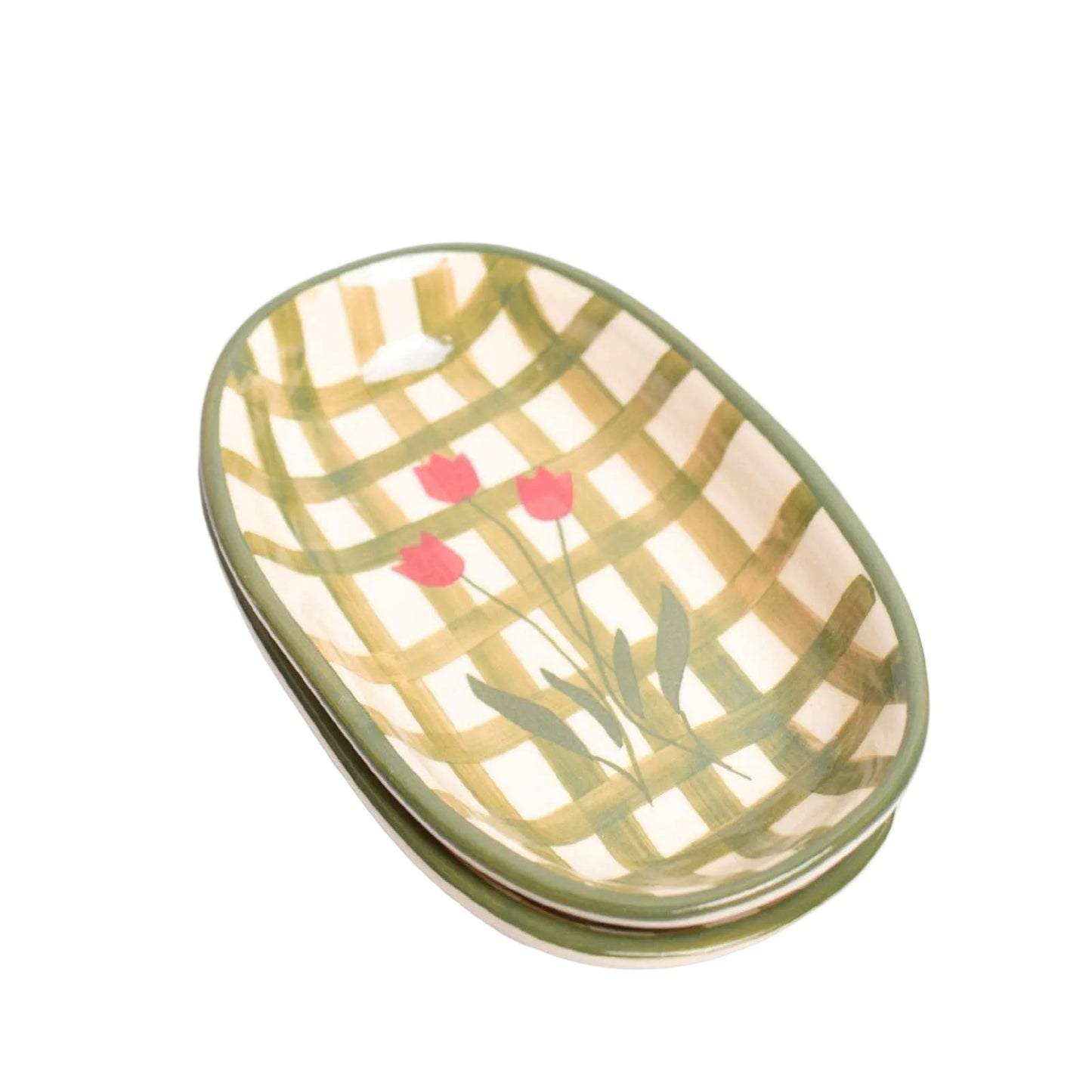 Green Checked Oval Bowl | Hand-Painted Ceramic | 8 Inch - Casa Amarosa