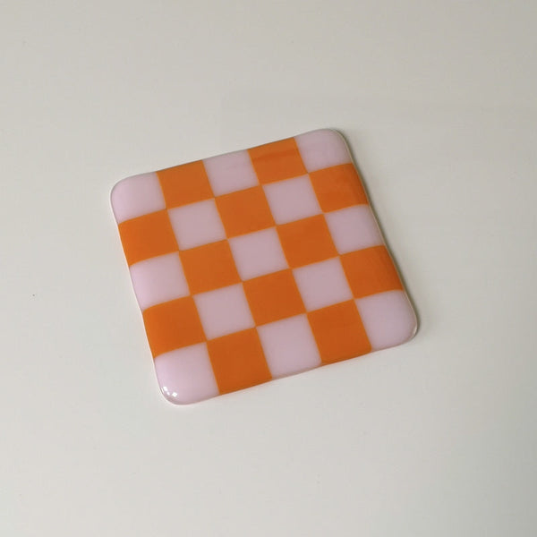 10cm Chequered Dual Coloured Coaster - Pink &amp; Orange image