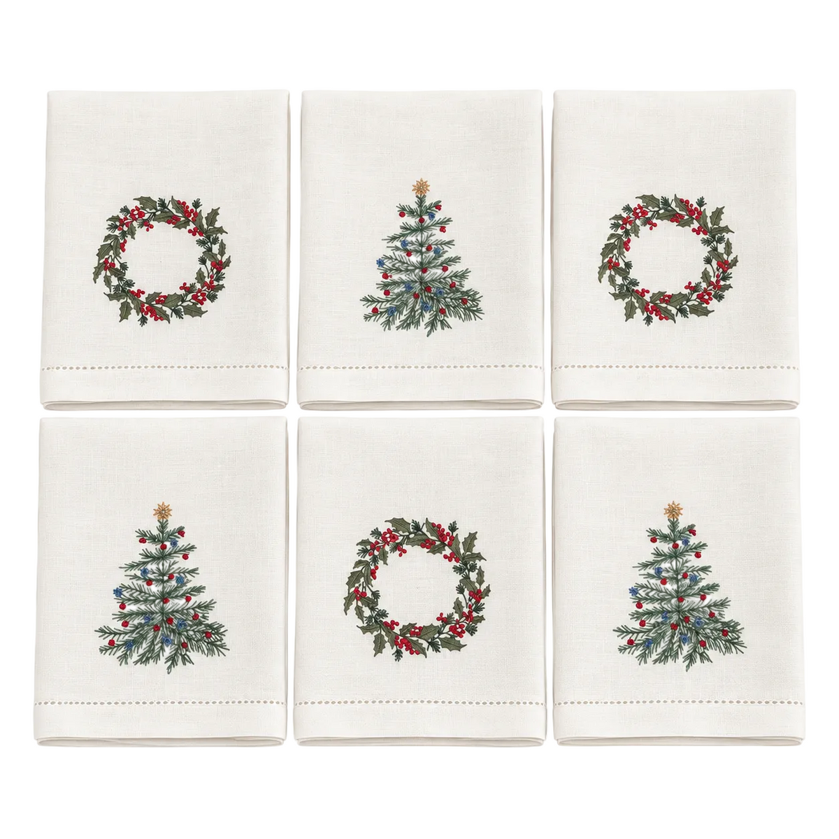 Noel - Christmas Embroidered Off White Linen Napkins (Set Of 6)