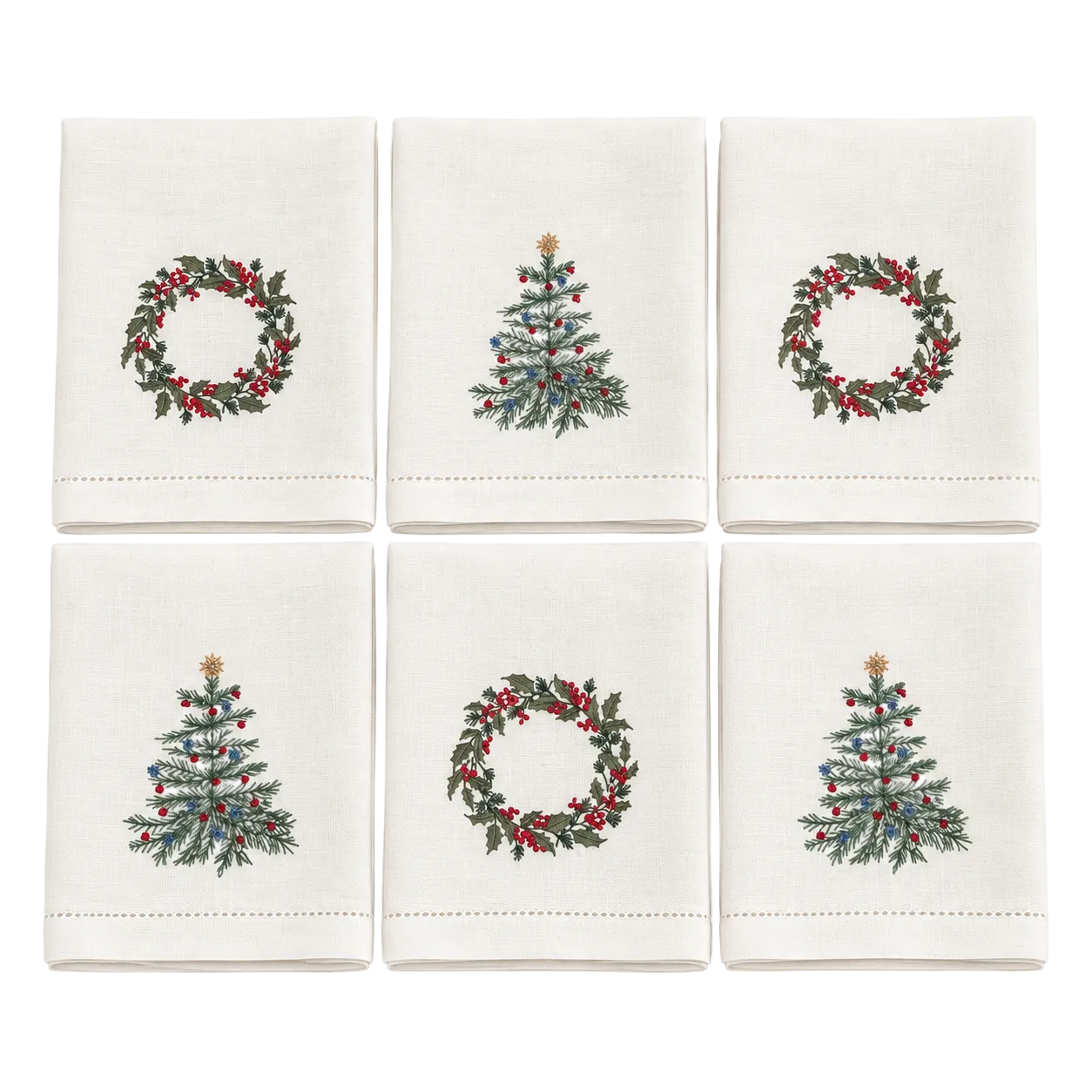 Noel - Christmas Embroidered Off White Linen Napkins (Set Of 6)