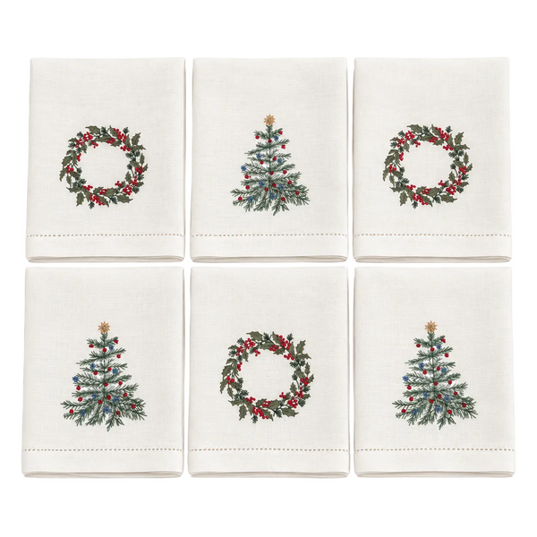 Noel - Christmas Embroidered Off White Linen Napkins (Set Of 6)