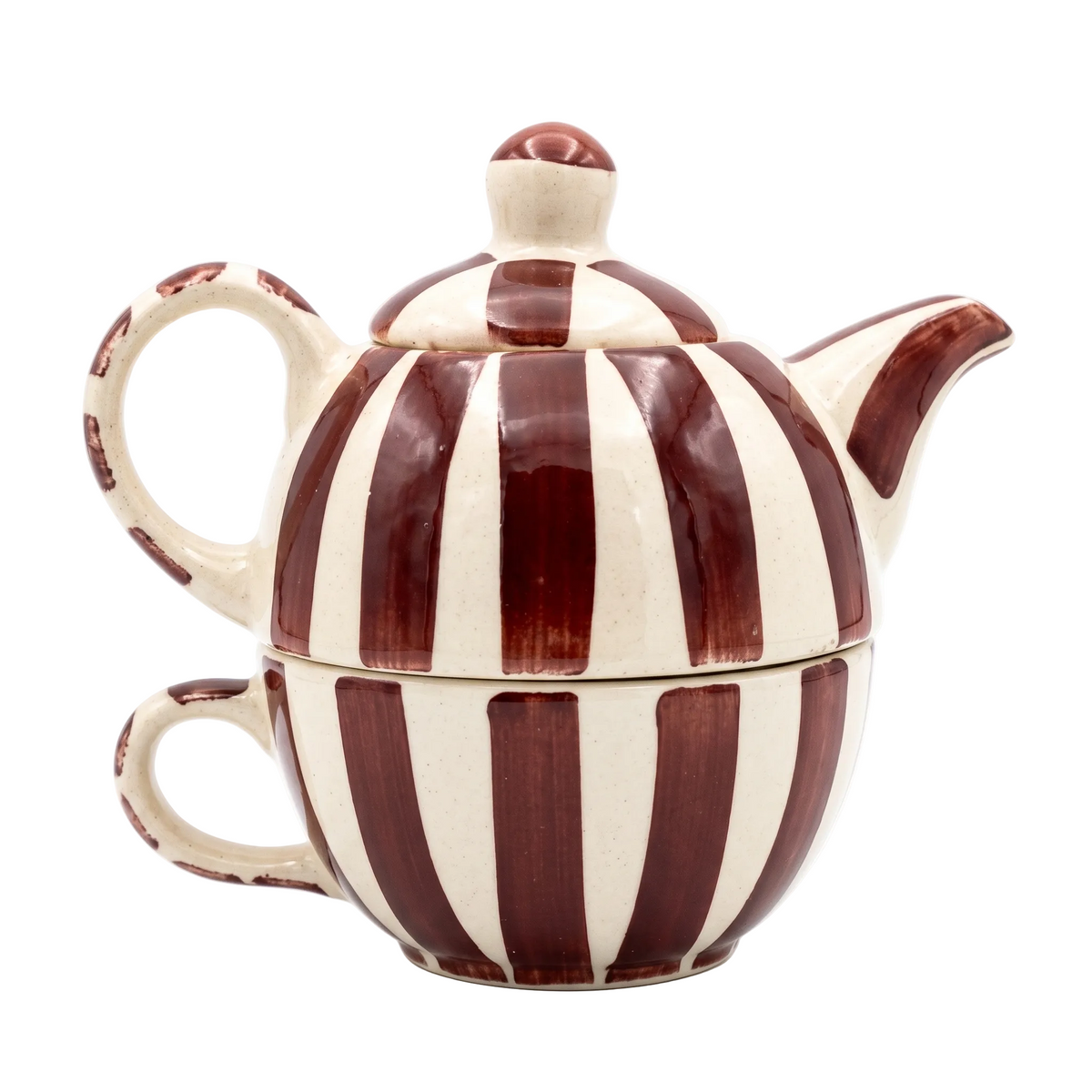 Plum Striped Kettle & Cup Set | Handpainted Ceramic | 8 in - Casa Amarosa