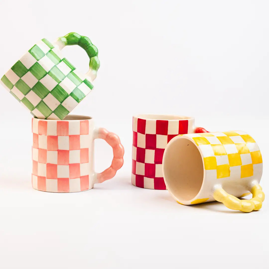 Pink Checkered Ceramic Mug 3x3.5 Inches Set of 2 - Casa Amarosa
