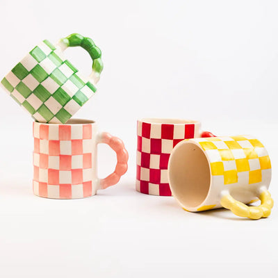 Pink Checkered Ceramic Mug 3x3.5 Inches Set of 2 - Casa Amarosa