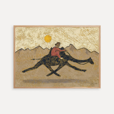 a fine art print of a person riding on a camel in the desert