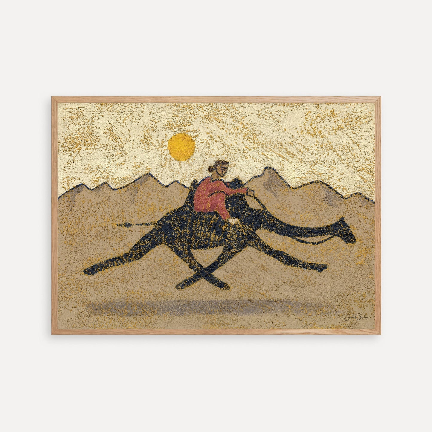 a fine art print of a person riding on a camel in the desert