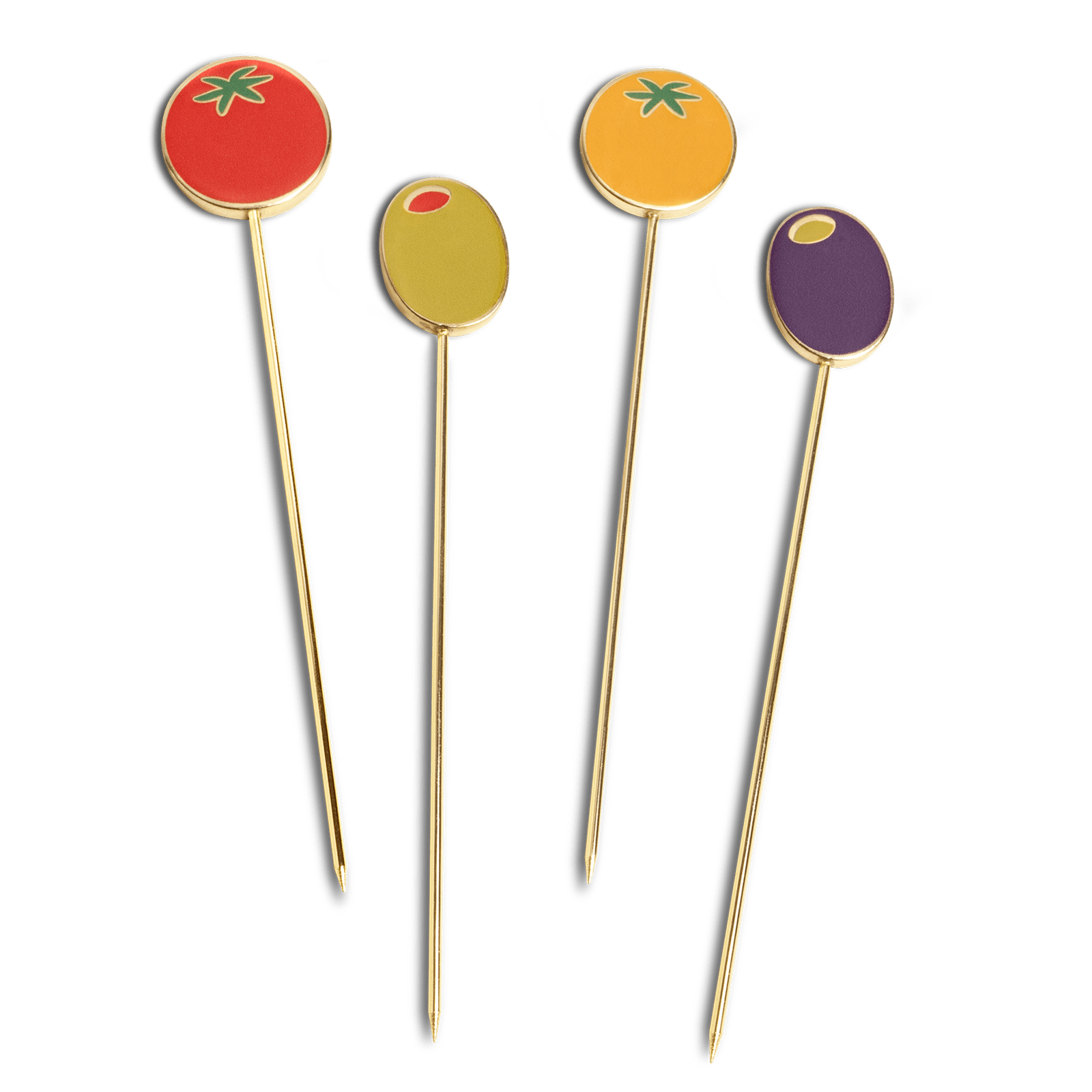 Octaevo Dolce Vita Cocktail Picks: Set of 4 gold-plated picks with enamel tomato and olive tops; stylish for appetizers.