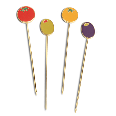 Octaevo Dolce Vita Cocktail Picks: Set of 4 gold-plated picks with enamel tomato and olive tops; stylish for appetizers.