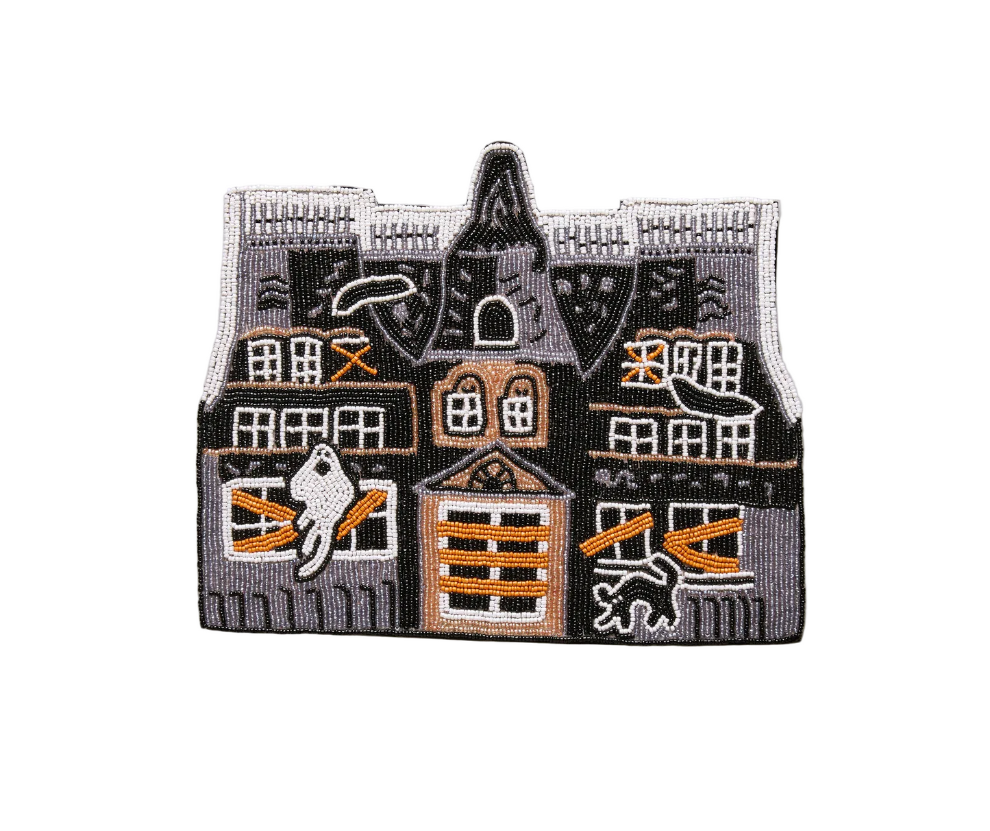 Embroidered patch of a haunted house with cats on a gray background