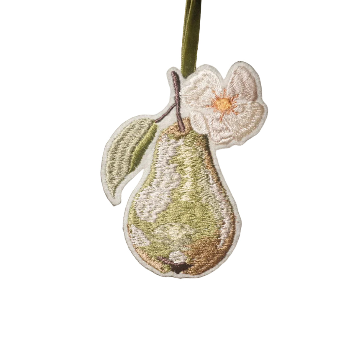 Embroidered green pear decoration with delicate white blossom and leaf, hanging from an olive green velvet ribbon.