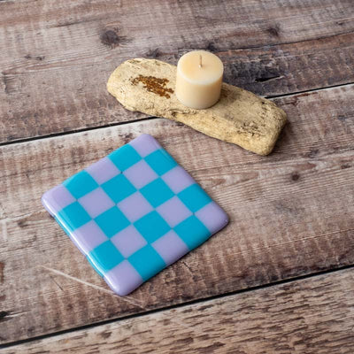 10cm Chequered Dual Coloured Coaster - Lavender &amp; Blue Cyan image