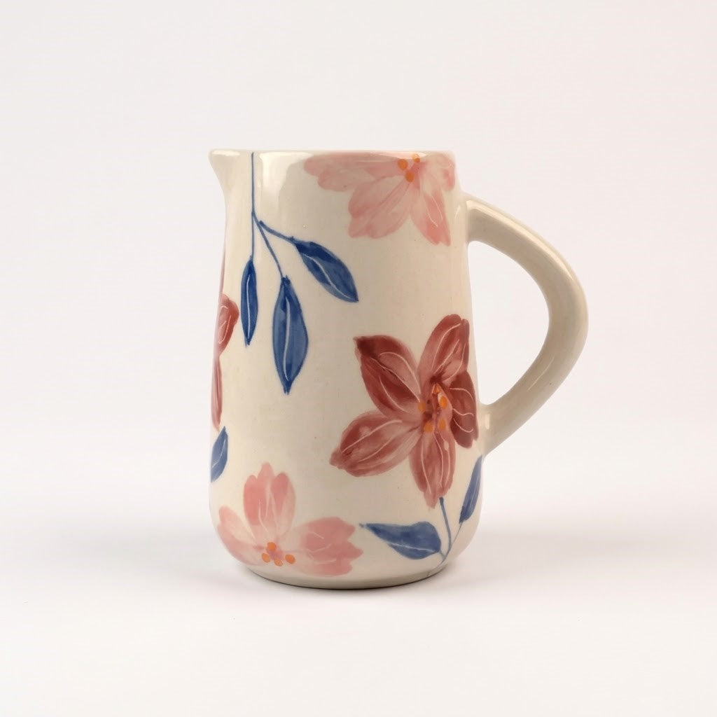 Floral Hand Painted Ceramic Water Pitcher , 3.5x3.5x8 Inches (Set of 2)