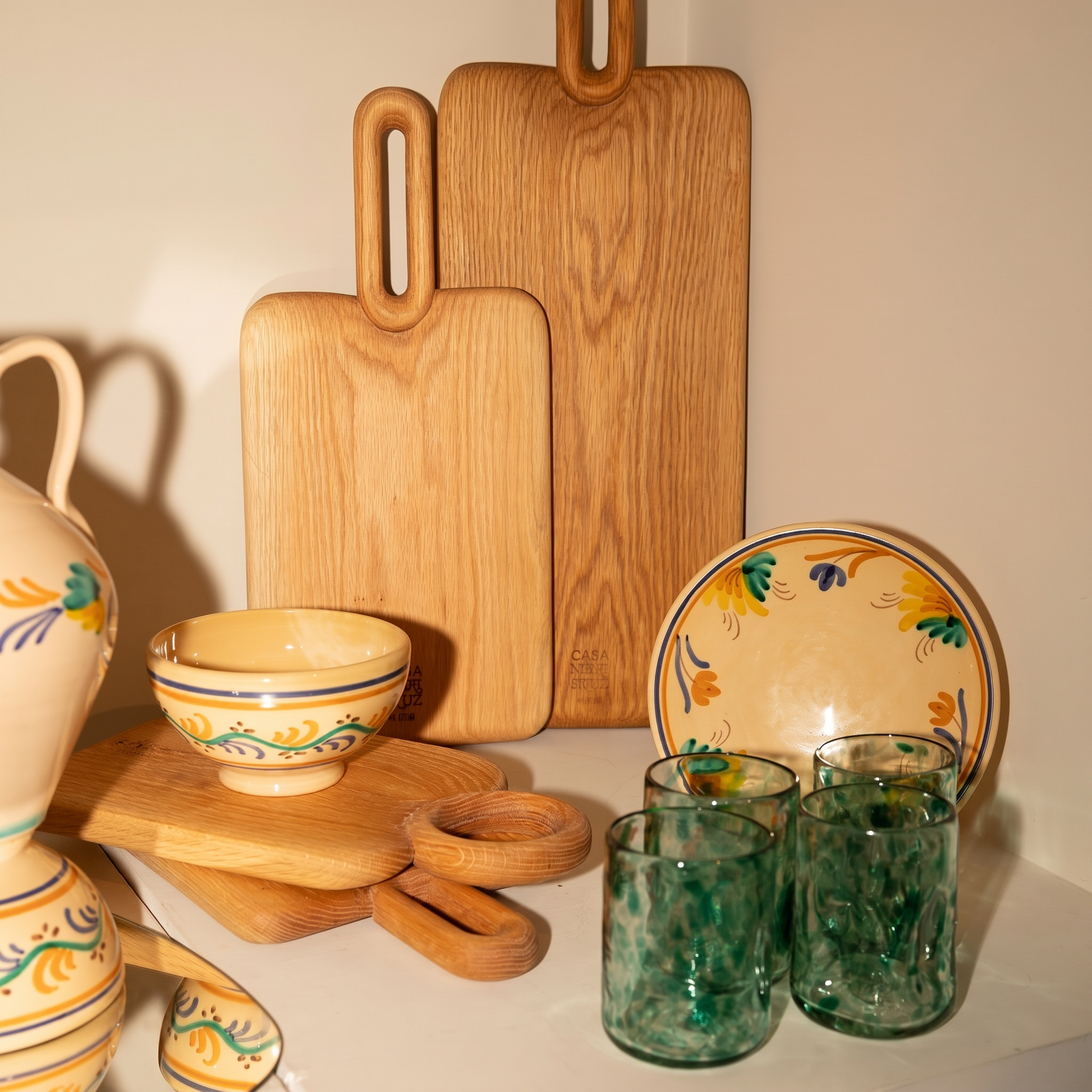 table set wood board, deflated glasses and bowl - lifestyle