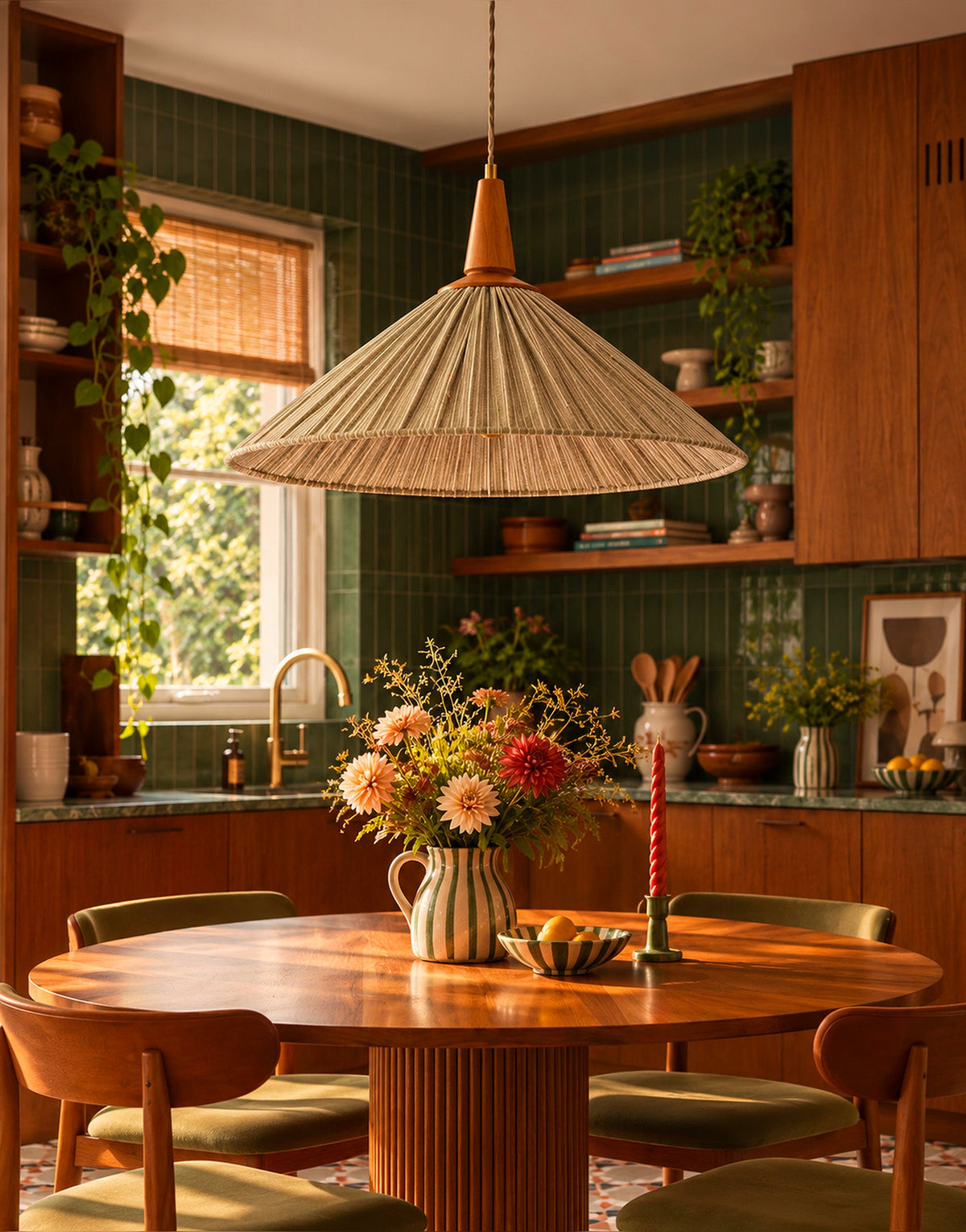 Eleonore Pendant Light – 60cm, Olive Striped Linen and Cotton