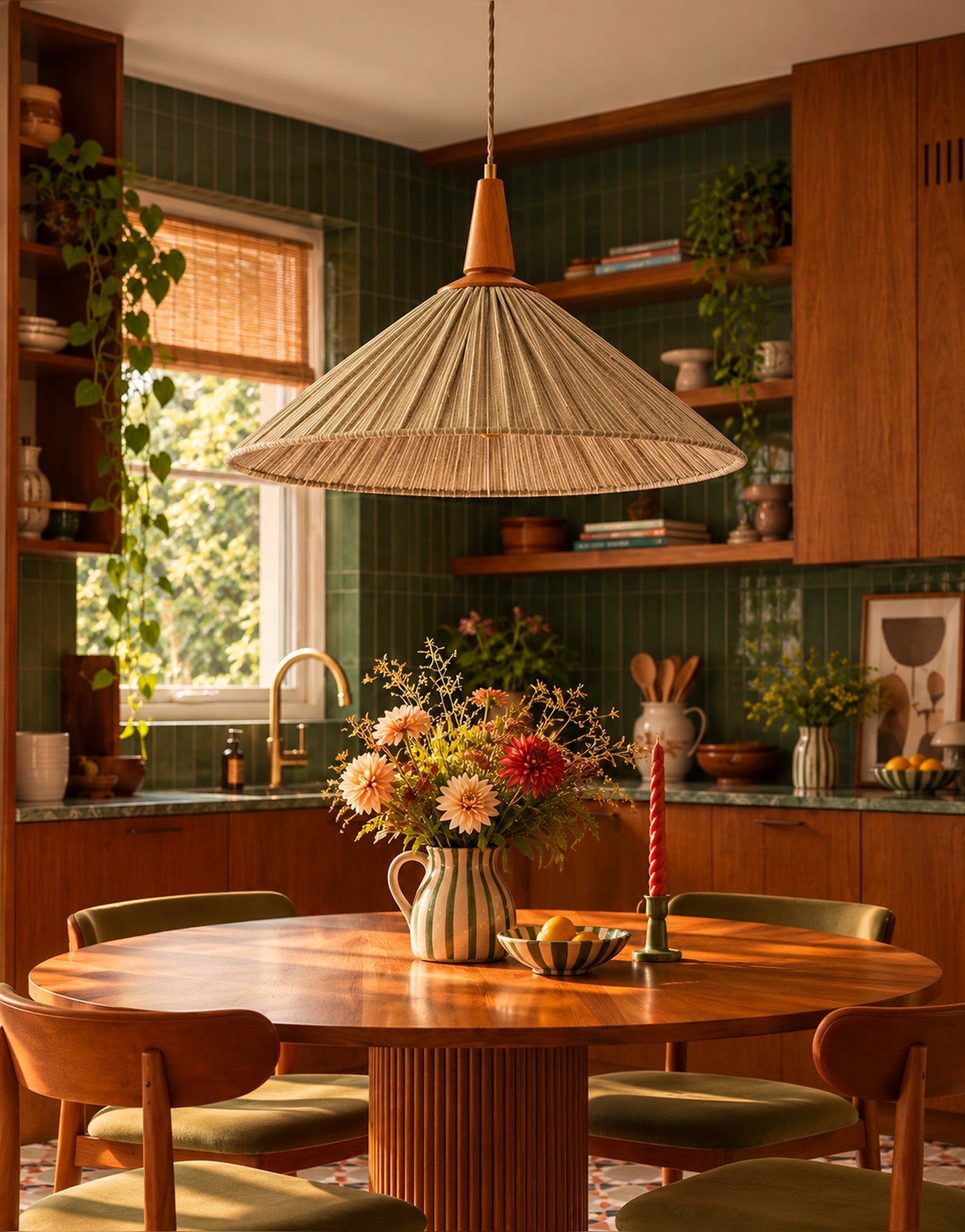 Eleonore Pendant Light – 60cm, Olive Striped Linen and Cotton