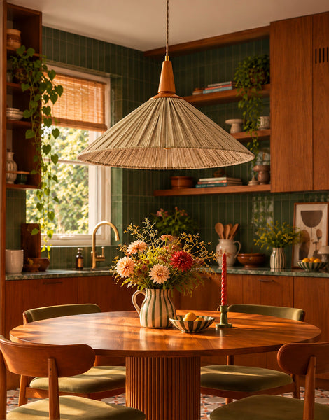 Eleonore Pendant Light – 60cm, Olive Striped Linen and Cotton