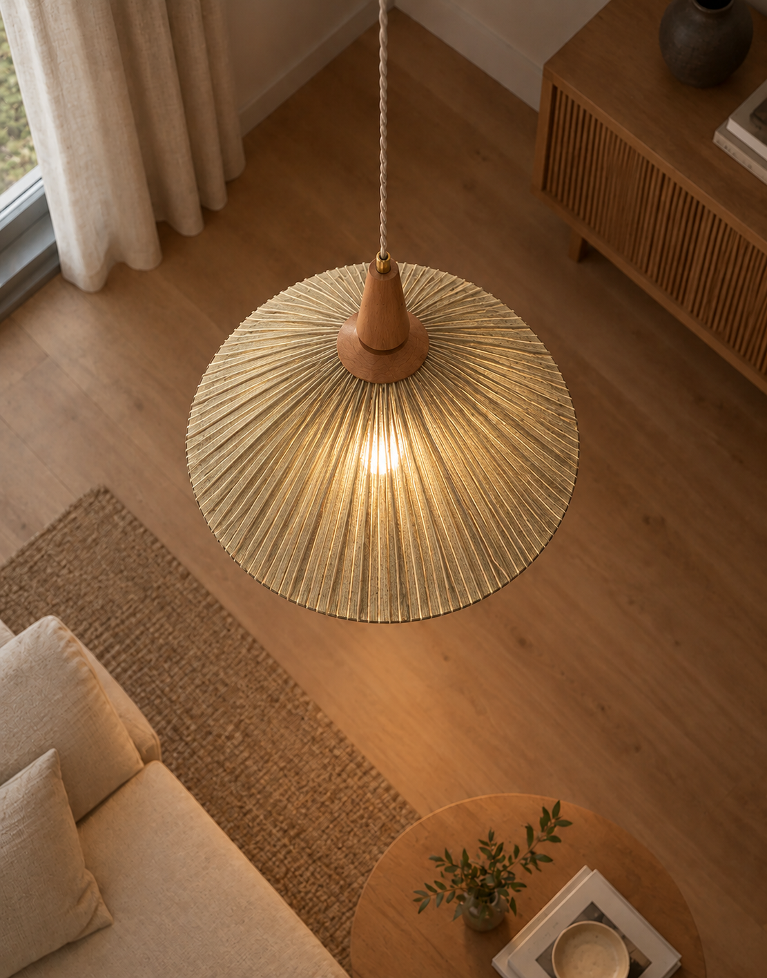 Eleonore Pendant Light – 60cm, Olive Striped Linen and Cotton