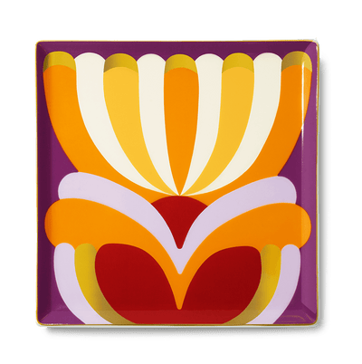 Octaevo Elysia Ceramic Tray with a bold abstract floral design in vibrant hues on a purple background.