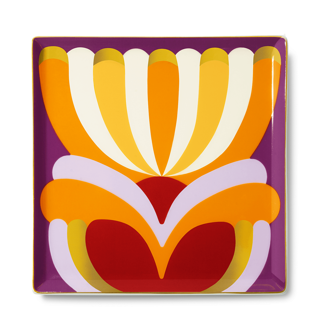 Octaevo Elysia Ceramic Tray with a bold abstract floral design in vibrant hues on a purple background.