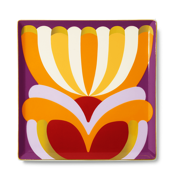 Octaevo Elysia Ceramic Tray with a bold abstract floral design in vibrant hues on a purple background.