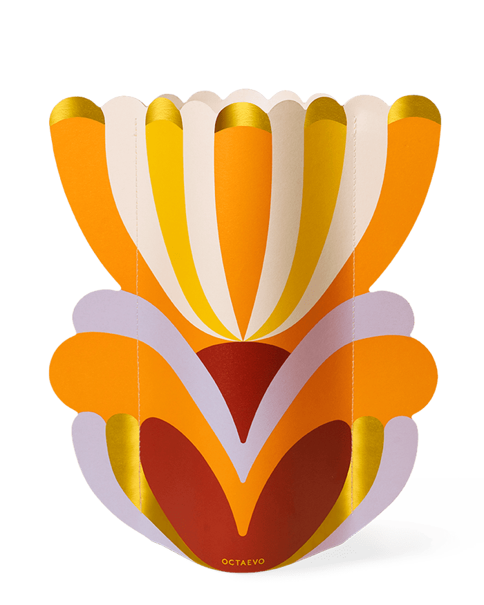 The Elysia Paper Vase by OCTAEVO features colorful, abstract floral design with gold petals on a white background.
