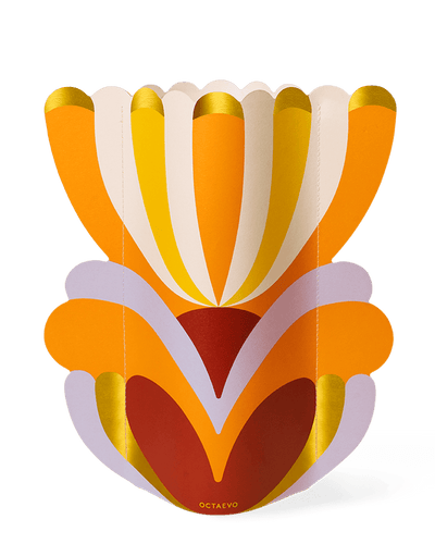 The Elysia Paper Vase by OCTAEVO features colorful, abstract floral design with gold petals on a white background.