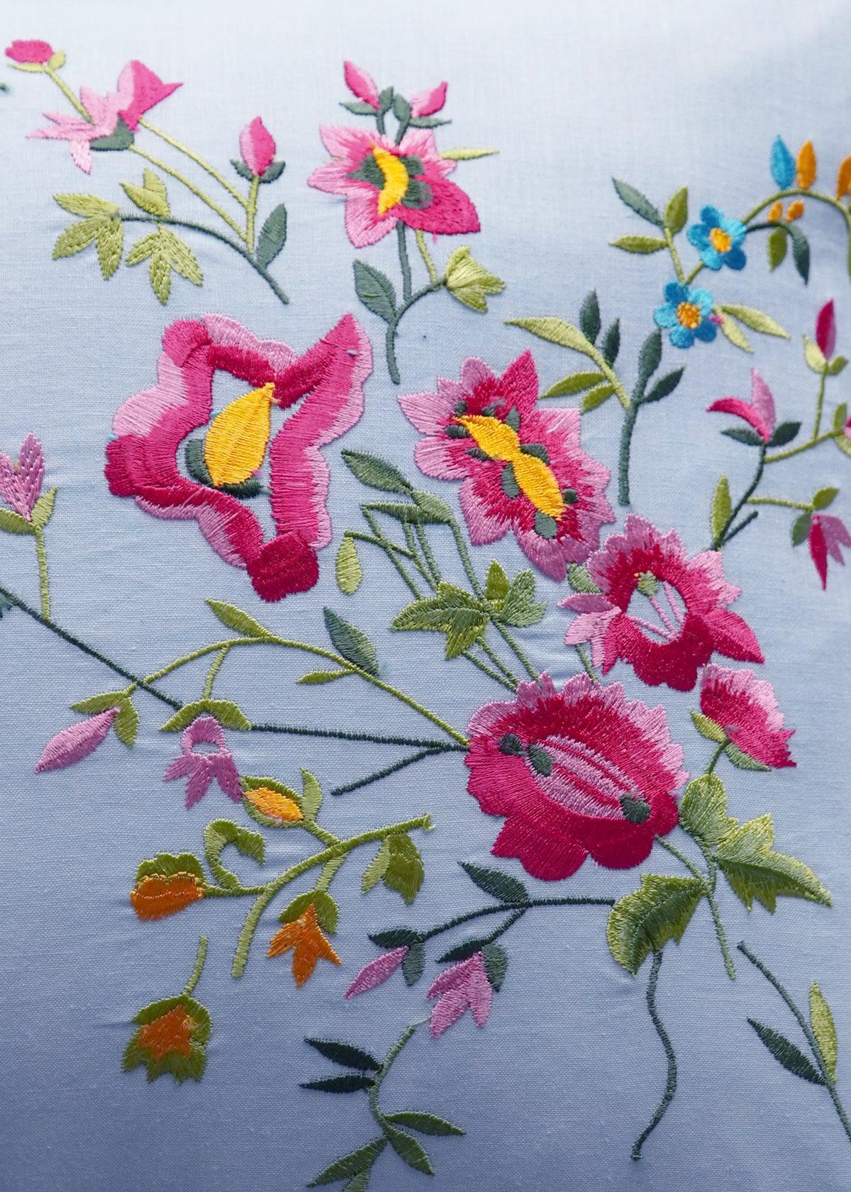 Ruffle-Edge Embroidered Oblong Cushion made with Linen Liberty Fabrics & Bridgerton Sky Blue & Garden Blooms