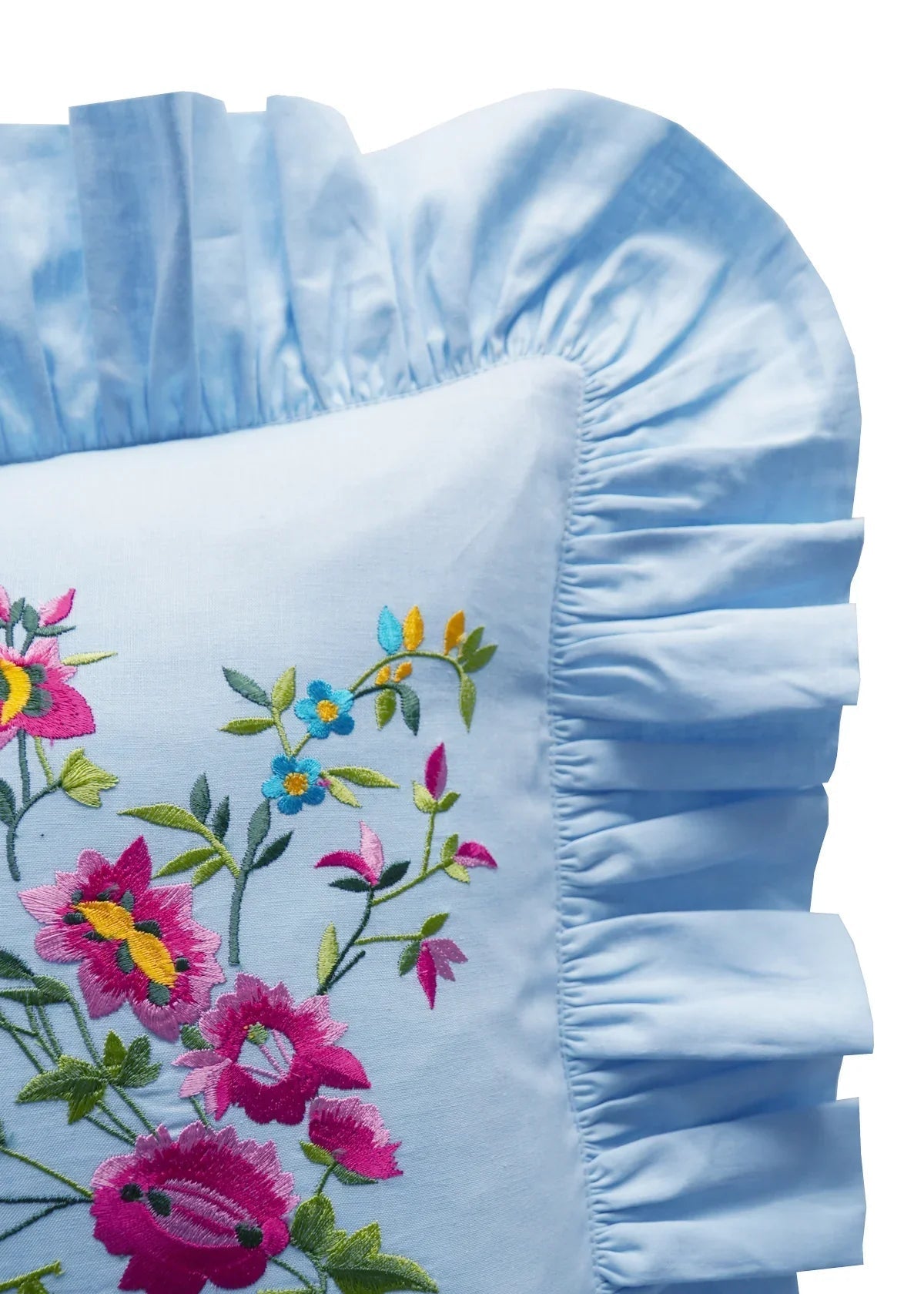 Ruffle-Edge Embroidered Oblong Cushion made with Linen Liberty Fabrics & Bridgerton Sky Blue & Garden Blooms