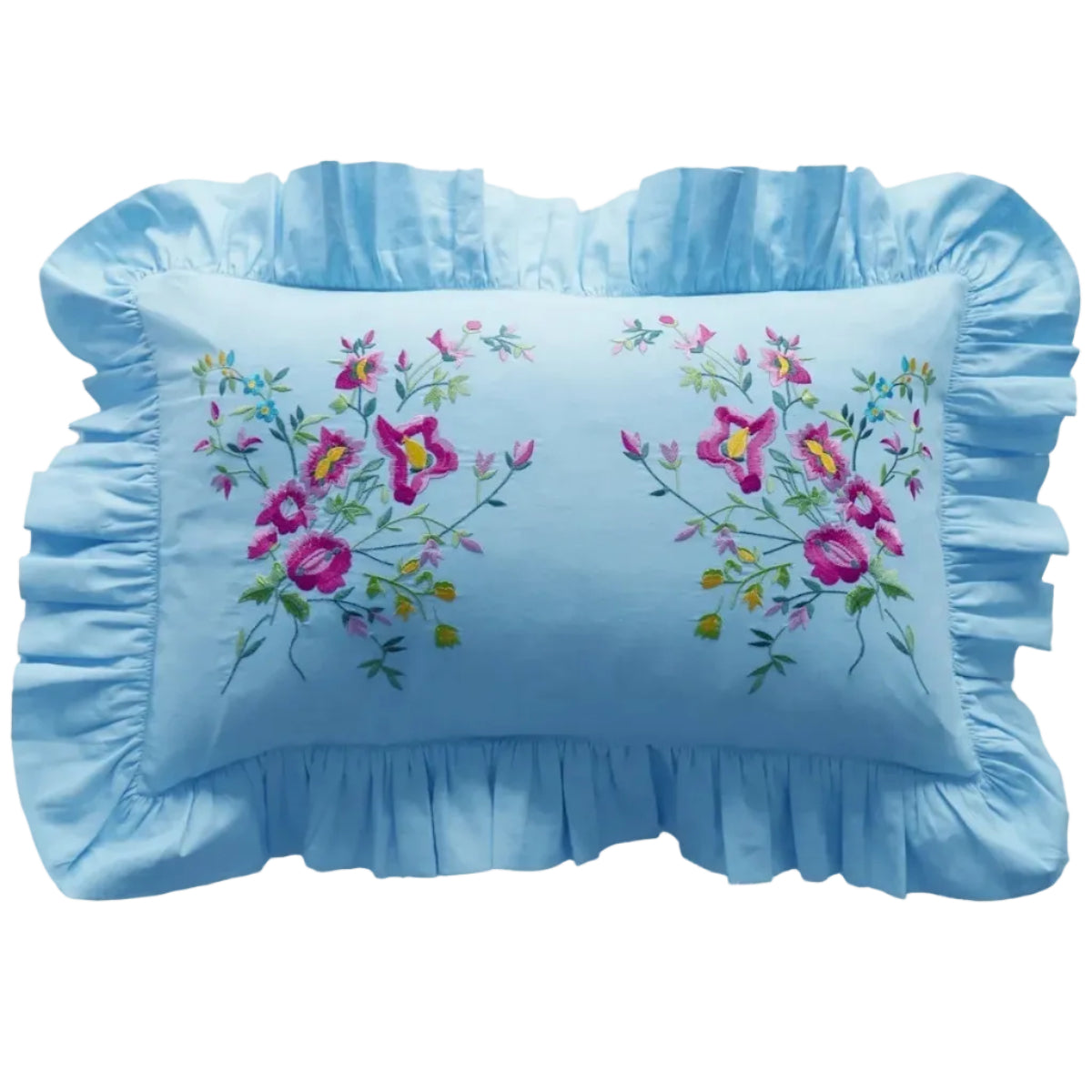 Ruffle-Edge Embroidered Oblong Cushion made with Linen Liberty Fabrics & Bridgerton Sky Blue & Garden Blooms