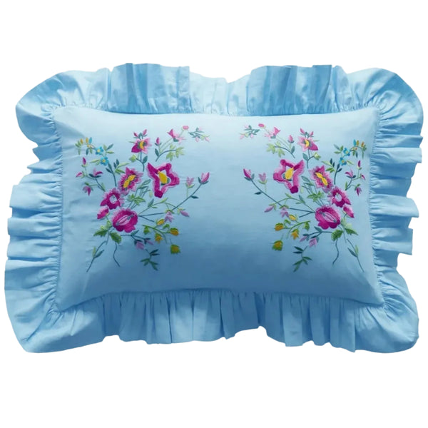 Ruffle-Edge Embroidered Oblong Cushion made with Linen Liberty Fabrics & Bridgerton Sky Blue & Garden Blooms