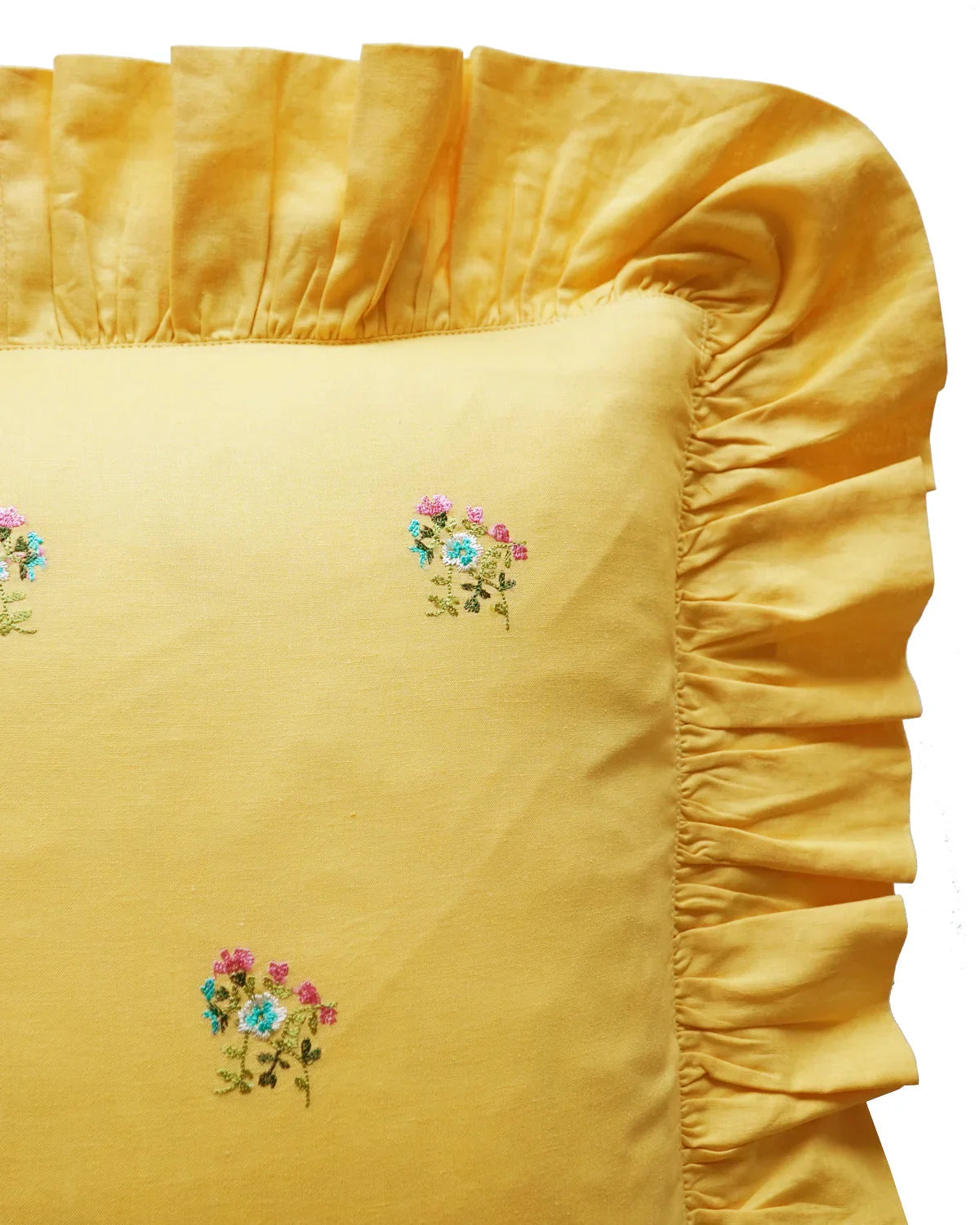 Embroidered Ruffle Cushion made with Linen Liberty Fabrics & Bridgerton Posy Corsage