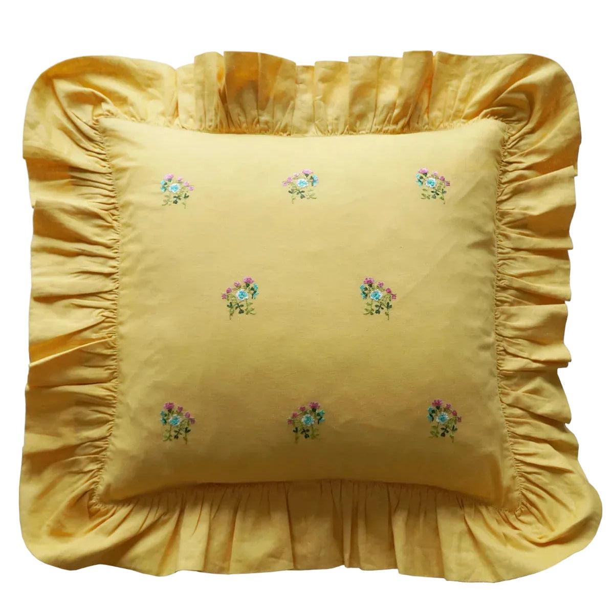 Embroidered Ruffle Cushion made with Linen Liberty Fabrics & Bridgerton Posy Corsage