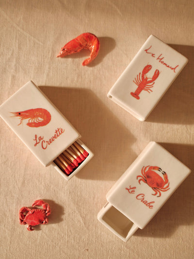 Handcrafted ceramic matchbox with shrimp motif made in France