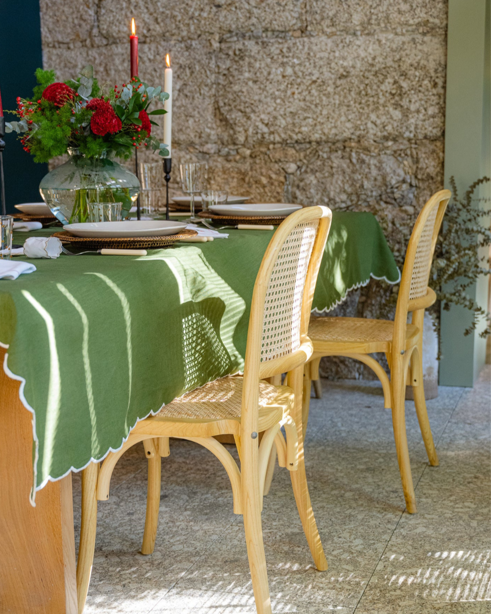 Green Tablecloth with White Scalloped Edge