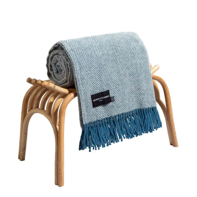 Evening Tales - Pure New Wool Blanket - Traditional Herringbone - Light Grey & Blue - Heating & Plumbing London - Throw