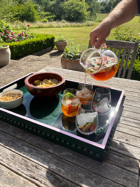 British Racing Green Bobbin Lacquer Tray with Blush Pink Edge
