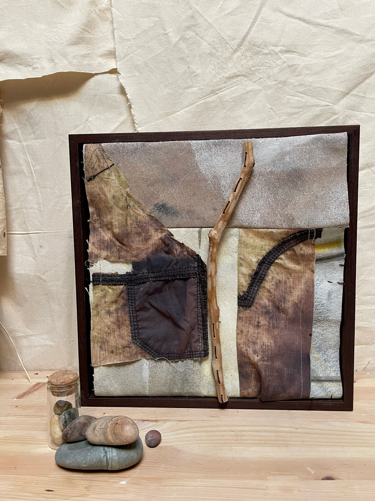 Pantalones de Granja-Adriana Jaros-Acrylic and natural pigments on recycled fabric sewn to