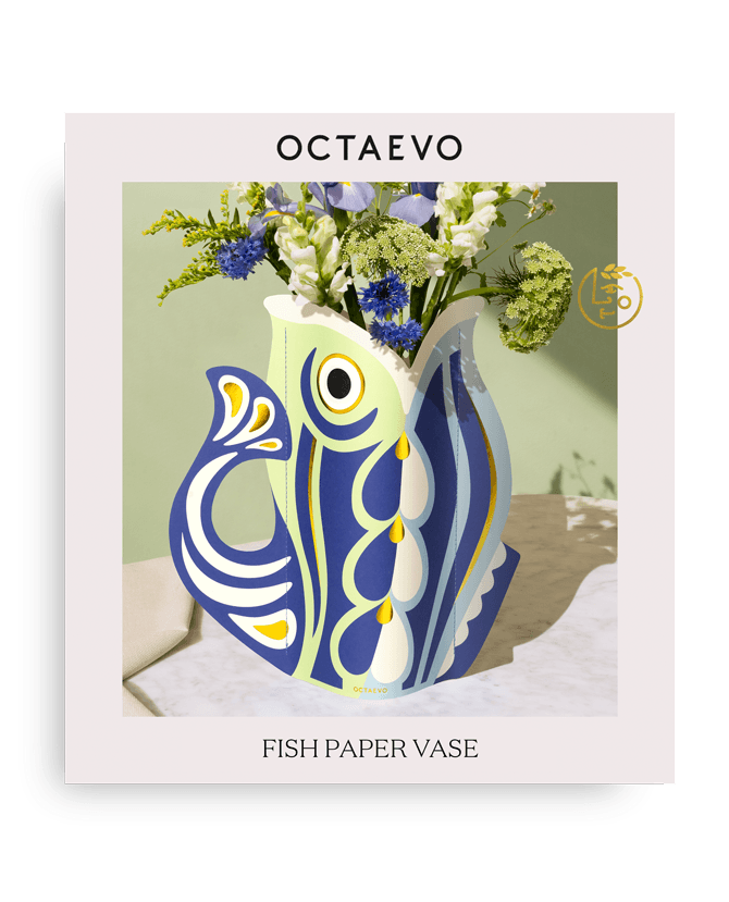 Blue Fish-shaped paper vase with floral arrangement on an OCTAEVO packaging. 