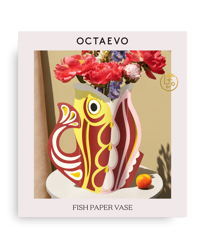 Red Fish-shaped paper vase with colorful design, featuring the brand OCTAEVO. 