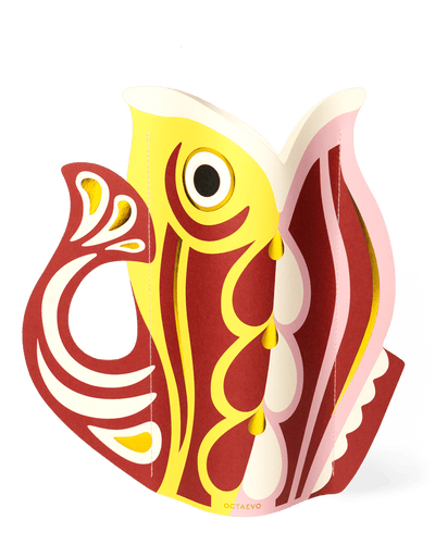 The Fish Paper Vase by OCTAEVO is a colorful, abstract centerpiece inspired by the Mediterranean.