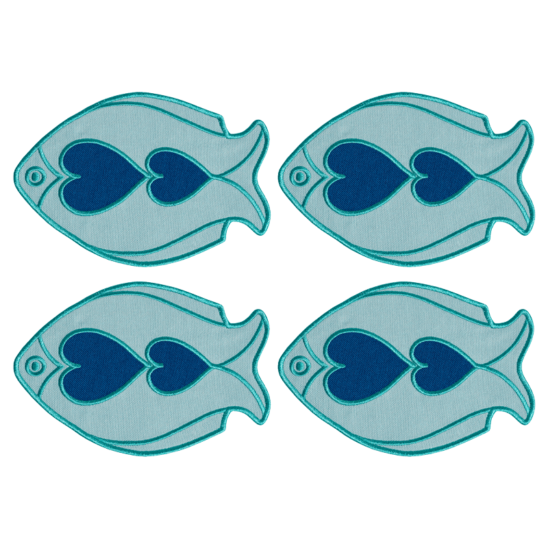 Octaevo Fish Splash Coasters (Set of 4): Blue fish-shaped placemats with heart designs and matching embroidered coasters.