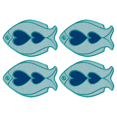 Octaevo Fish Splash Coasters (Set of 4): Blue fish-shaped placemats with heart designs and matching embroidered coasters.