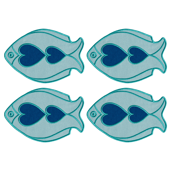 Octaevo Fish Splash Coasters (Set of 4): Blue fish-shaped placemats with heart designs and matching embroidered coasters.
