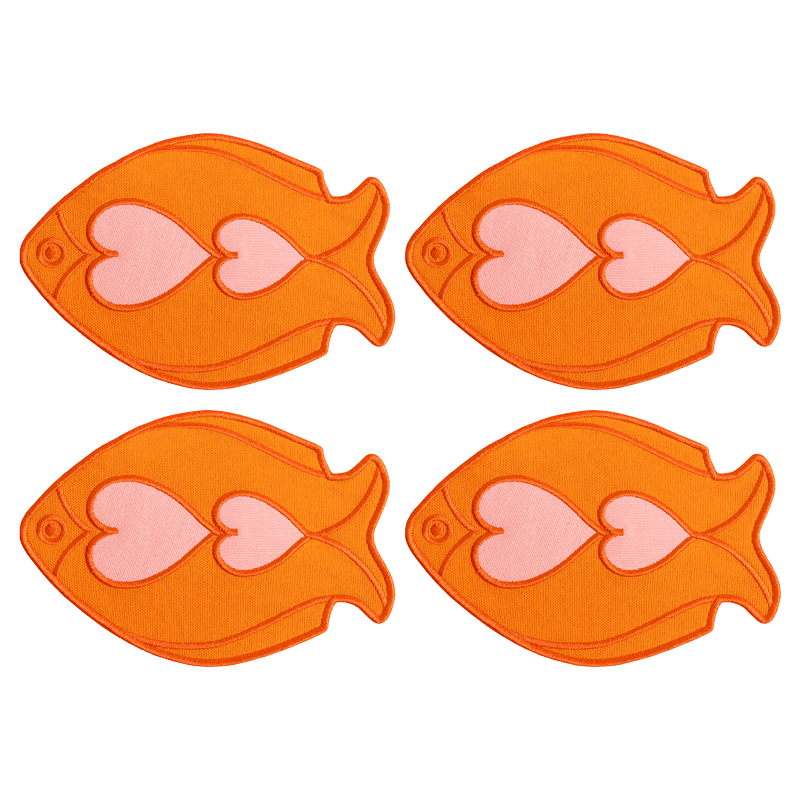 Four Fish Splash Coasters (Set of 4) by Octaevo, orange with pink hearts, arranged in two rows on transparent.